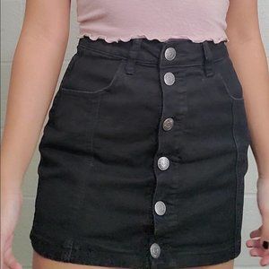 Button Front High Rise Black Denim Skirt